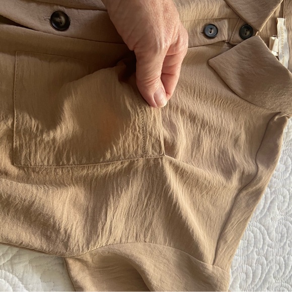Monteau Crinkle Shirt Dress Tan Knee Length Roll Tab 3/4 Sleeves Size Small - Picture 7 of 14